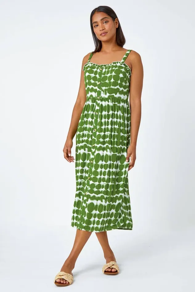 Khaki Tie Dye Spot Print Midi Sundress Women Roman Dresses
