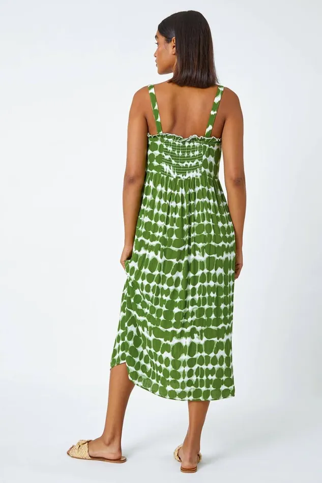 Khaki Tie Dye Spot Print Midi Sundress Women Roman Dresses