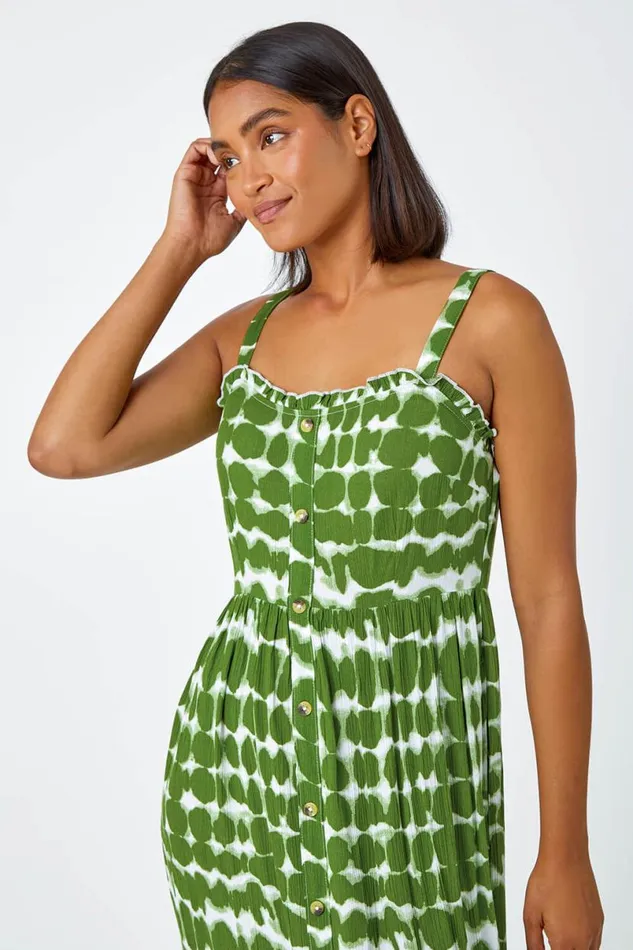 Khaki Tie Dye Spot Print Midi Sundress Women Roman Dresses