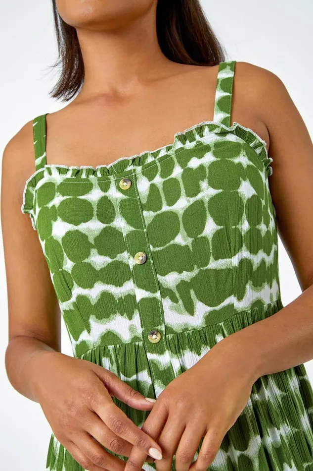 Khaki Tie Dye Spot Print Midi Sundress Women Roman Dresses