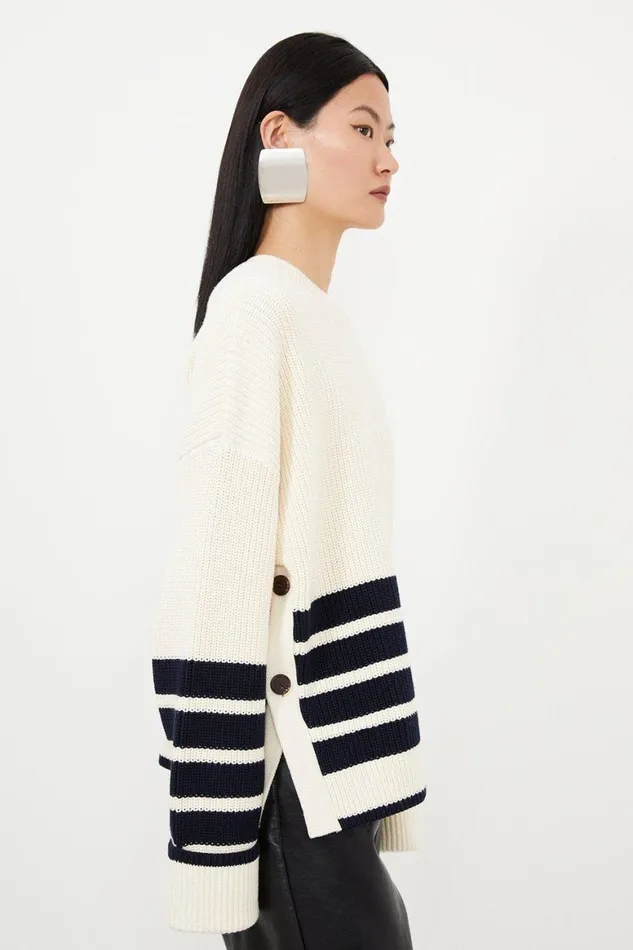 Knitwear Women Karen Millen Cotton Knit Relaxed Stripe Jumper With Buttoned Splits Stripe