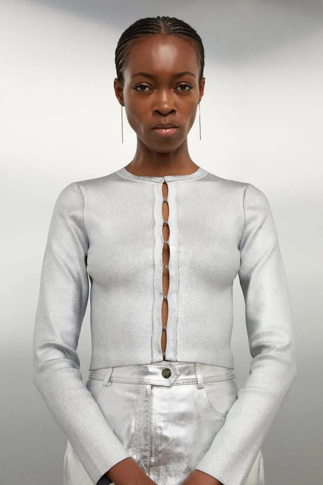 Knitwear Women Karen Millen Premium Viscose Blend Body Contouring Foiled Knit Cardigan Pewter Knitwear Women Karen Millen Premium Viscose Blend Body Contouring Foiled Knit Cardigan Pewter