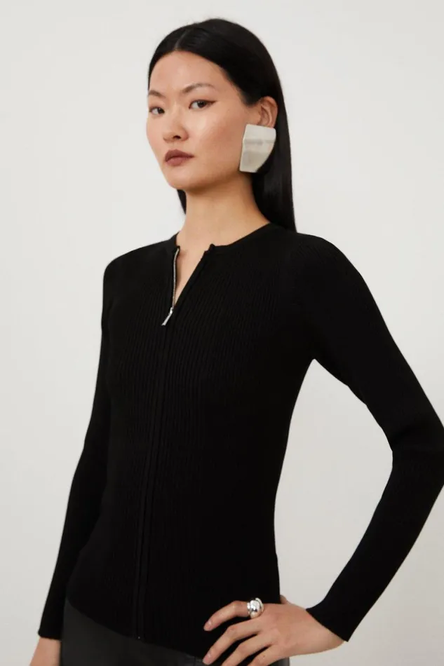 Knitwear Women Karen Millen Viscose Blend Rib Knit Zip Through Cardigan Black Knitwear Women Karen Millen Viscose Blend Rib Knit Zip Through Cardigan Black