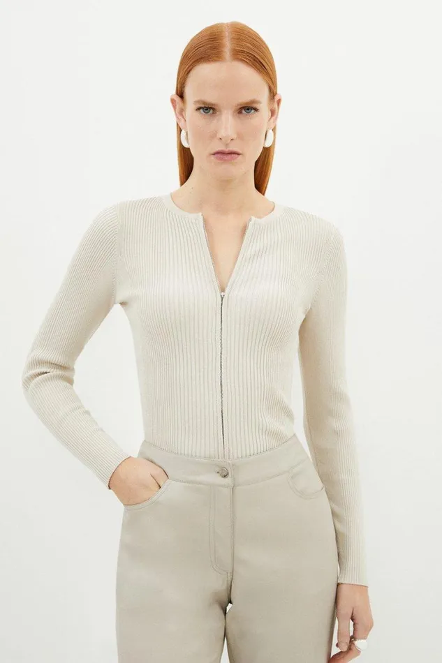 Knitwear Women Karen Millen Viscose Blend Rib Knit Zip Through Cardigan Natural Knitwear Women Karen Millen Viscose Blend Rib Knit Zip Through Cardigan Natural