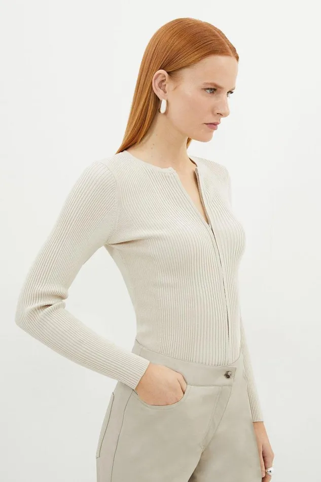 Knitwear Women Karen Millen Viscose Blend Rib Knit Zip Through Cardigan Natural