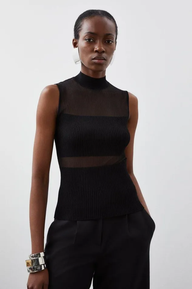 Knitwear Women Karen Millen Viscose Sheer Knit Top Black