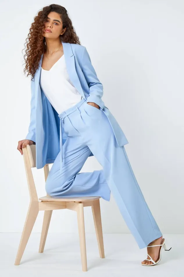 Light Blue Crepe Stretch Straight Leg Trousers Women Roman Trousers