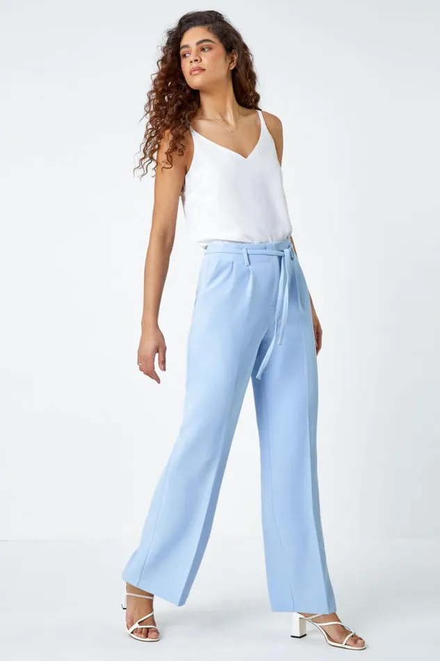 Light Blue Crepe Stretch Straight Leg Trousers Women Roman Trousers