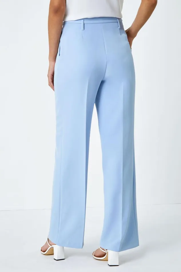 Light Blue Crepe Stretch Straight Leg Trousers Women Roman Trousers