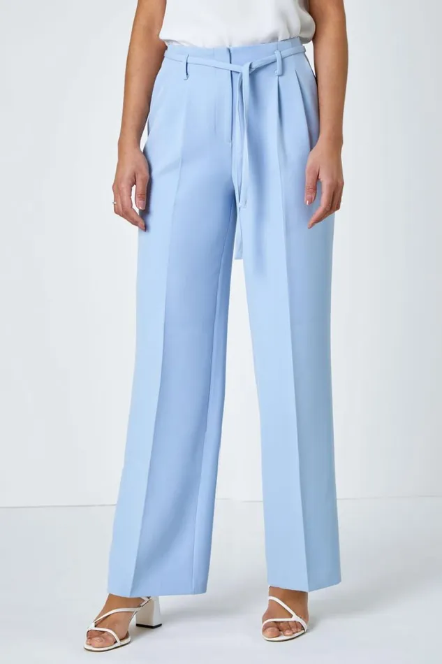 Light Blue Crepe Stretch Straight Leg Trousers Women Roman Trousers