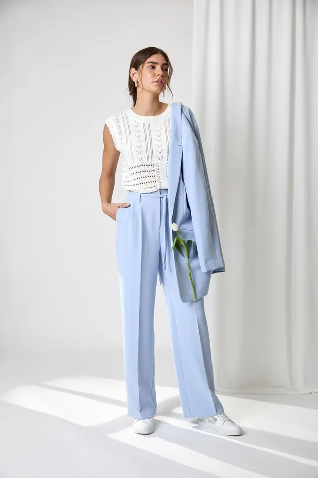 Light Blue Crepe Stretch Straight Leg Trousers Women Roman Trousers