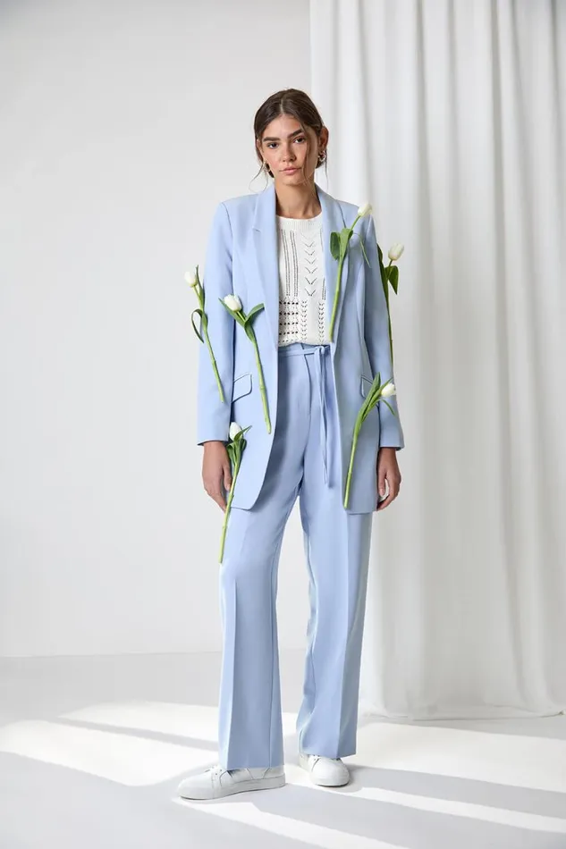 Light Blue Crepe Stretch Straight Leg Trousers Women Roman Trousers