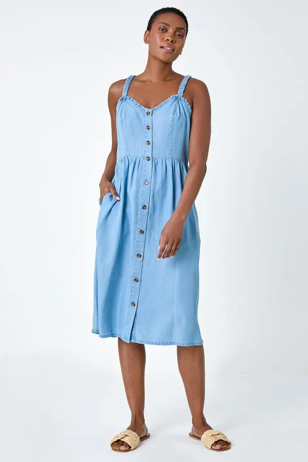 Light Denim Denim Frill Button Through Midi Dress Women Roman Dresses