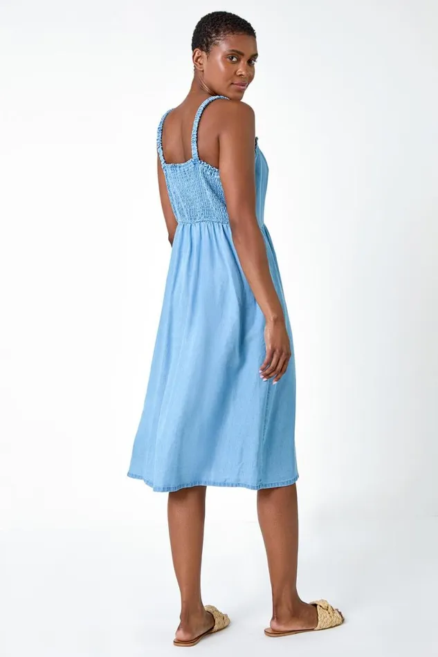 Light Denim Denim Frill Button Through Midi Dress Women Roman Dresses