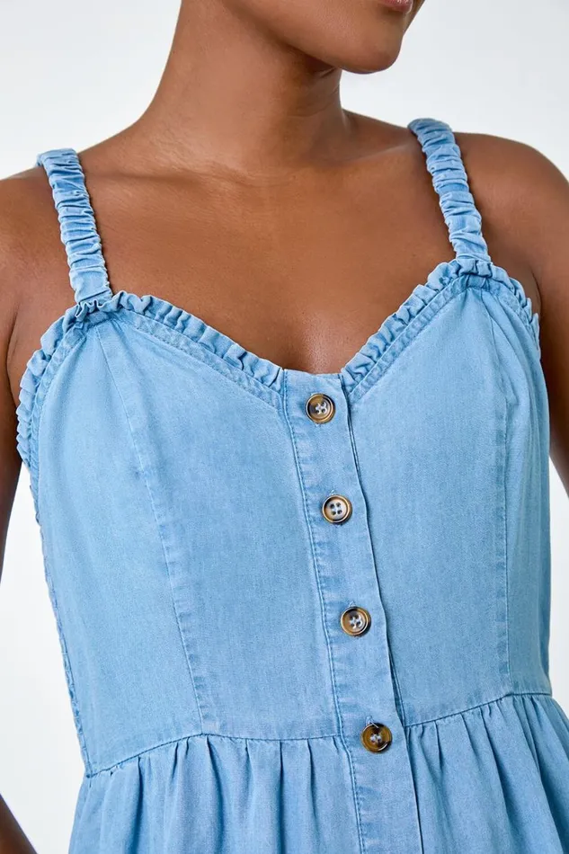 Light Denim Denim Frill Button Through Midi Dress Women Roman Dresses