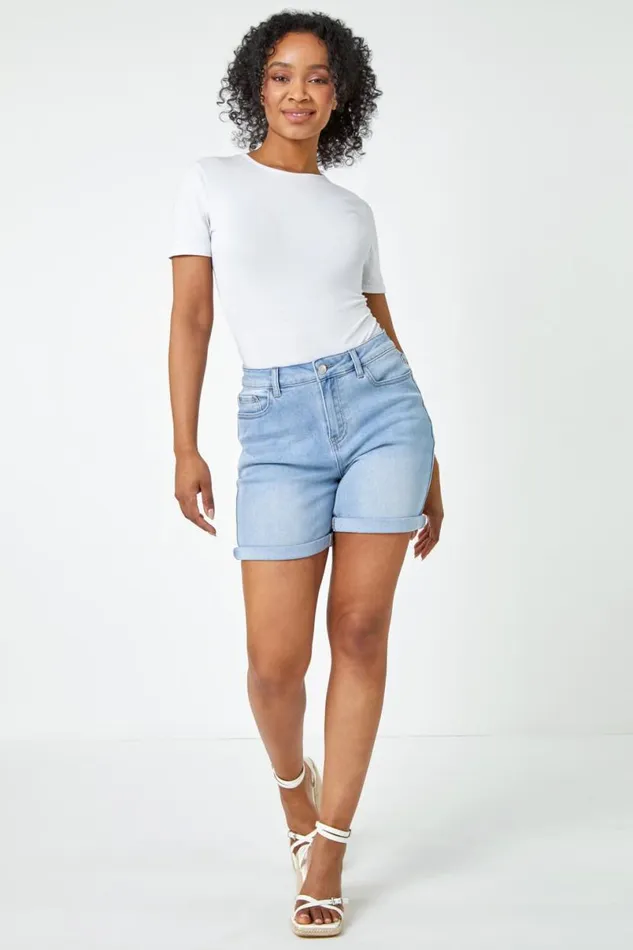 Light Denim Petite Cotton Blend Stretch Shorts Women Roman Trousers