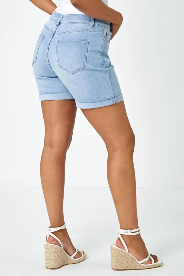 Light Denim Petite Cotton Blend Stretch Shorts Women Roman Trousers