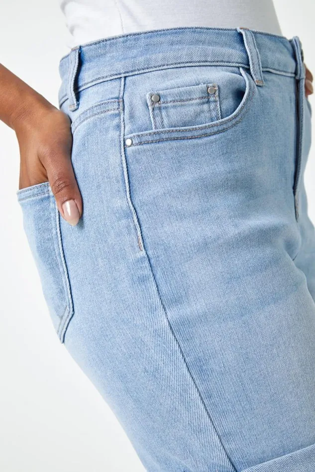 Light Denim Petite Cotton Blend Stretch Shorts Women Roman Trousers