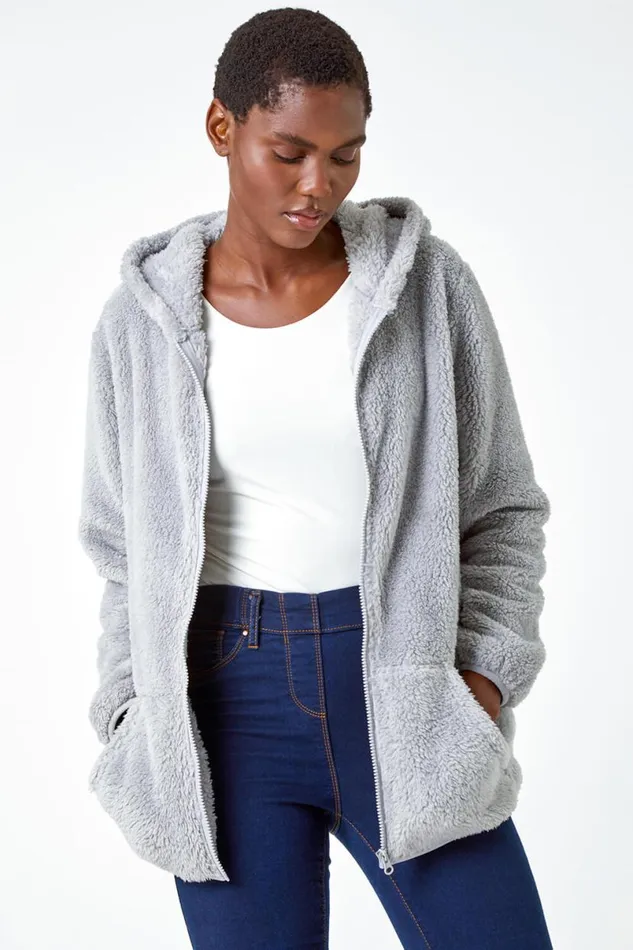 Light Grey Hooded Sherpa Fleece Jacket Women Roman Jackets