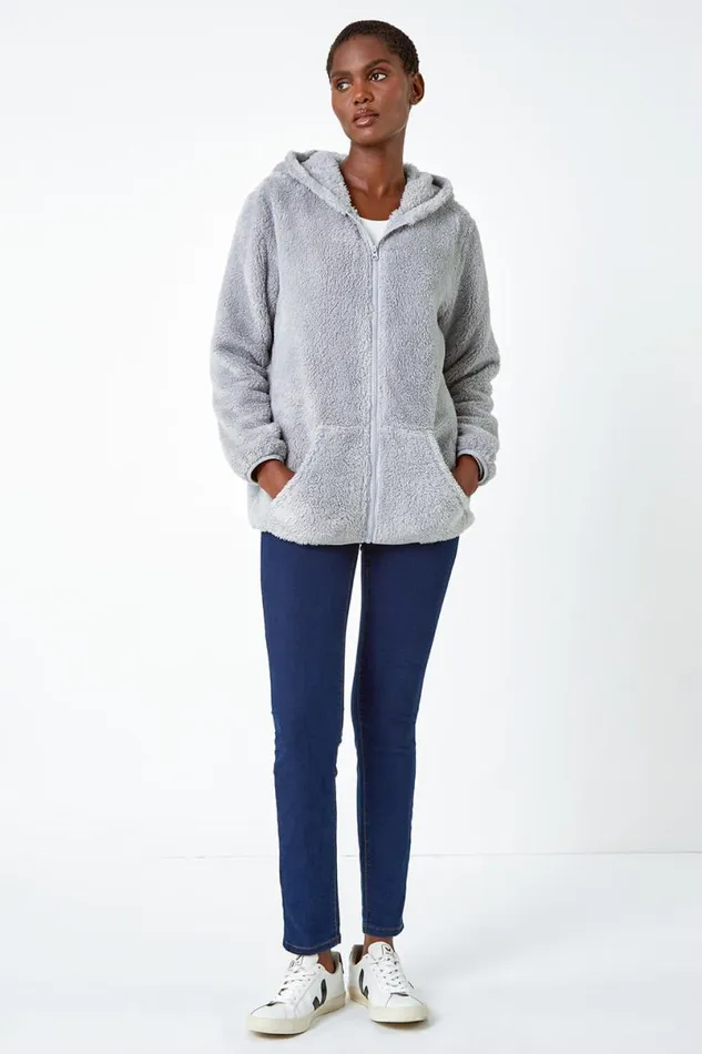 Light Grey Hooded Sherpa Fleece Jacket Women Roman Jackets