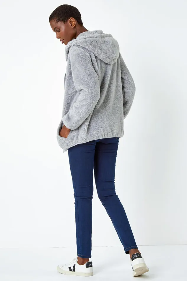 Light Grey Hooded Sherpa Fleece Jacket Women Roman Jackets