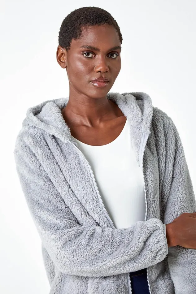 Light Grey Hooded Sherpa Fleece Jacket Women Roman Jackets