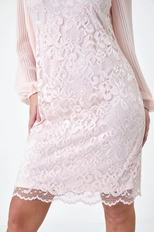 Light Pink Petite Pleated Sleeve Lace Shift Dress Women Roman Dresses