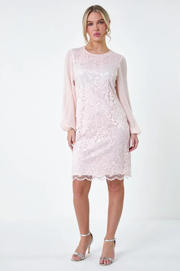 Light Pink Petite Pleated Sleeve Lace Shift Dress Women Roman Dresses