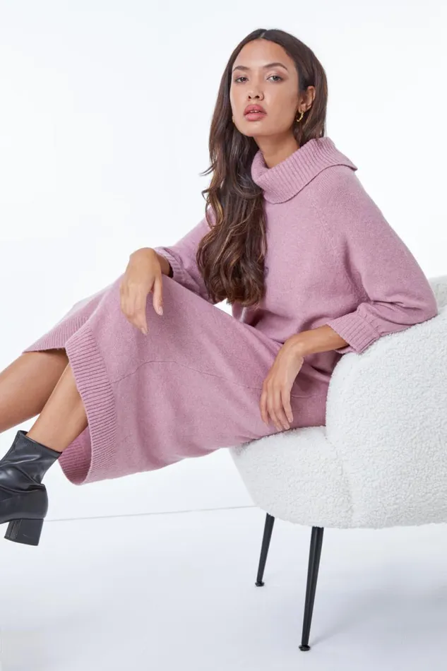 Light Pink Roll Neck Knitted Midi Dress Women Roman Dresses