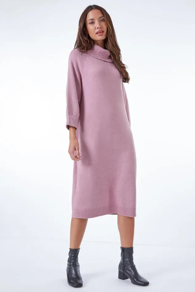 Light Pink Roll Neck Knitted Midi Dress Women Roman Dresses