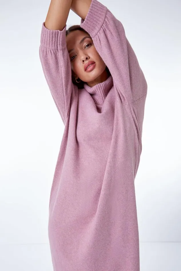 Light Pink Roll Neck Knitted Midi Dress Women Roman Dresses