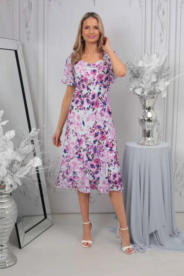 Lilac Julianna Floral Print Bias Cut Dress Women Roman Occasionwear