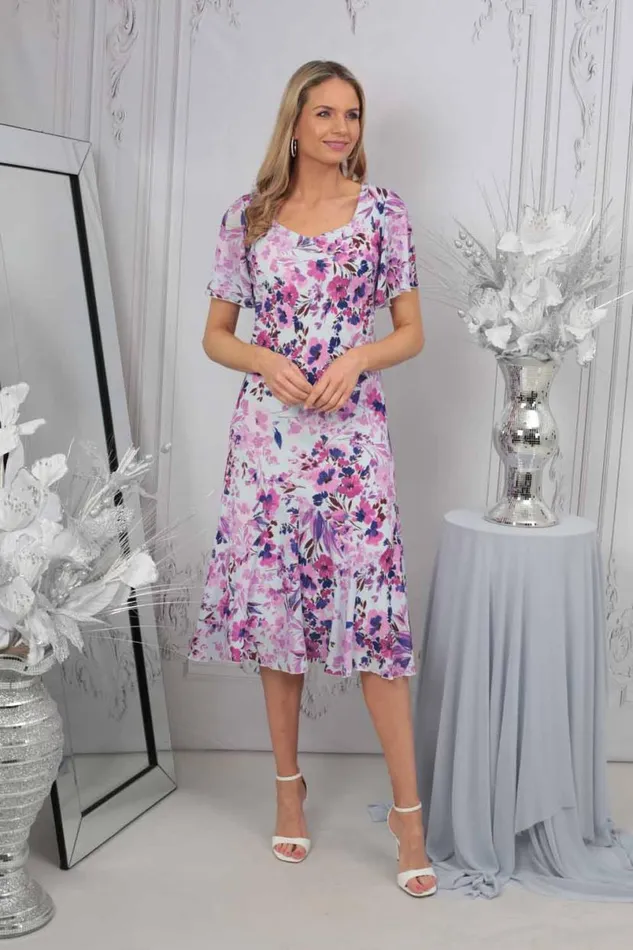Lilac Julianna Floral Print Bias Cut Dress Women Roman Occasionwear