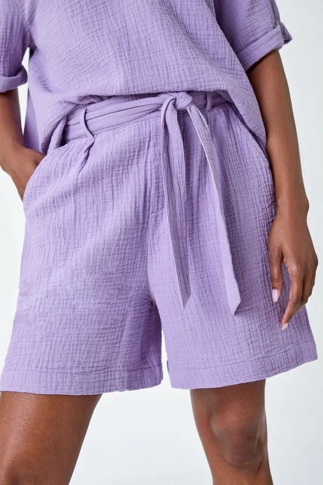Lilac Textured Elastic Tie Waist Cotton Shorts Women Roman Trousers