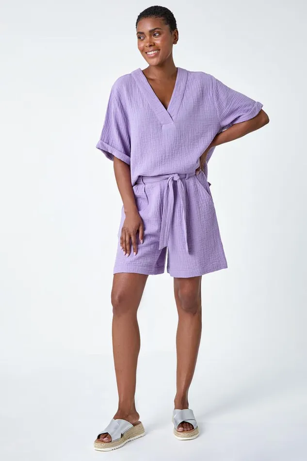 Lilac Textured Elastic Tie Waist Cotton Shorts Women Roman Trousers
