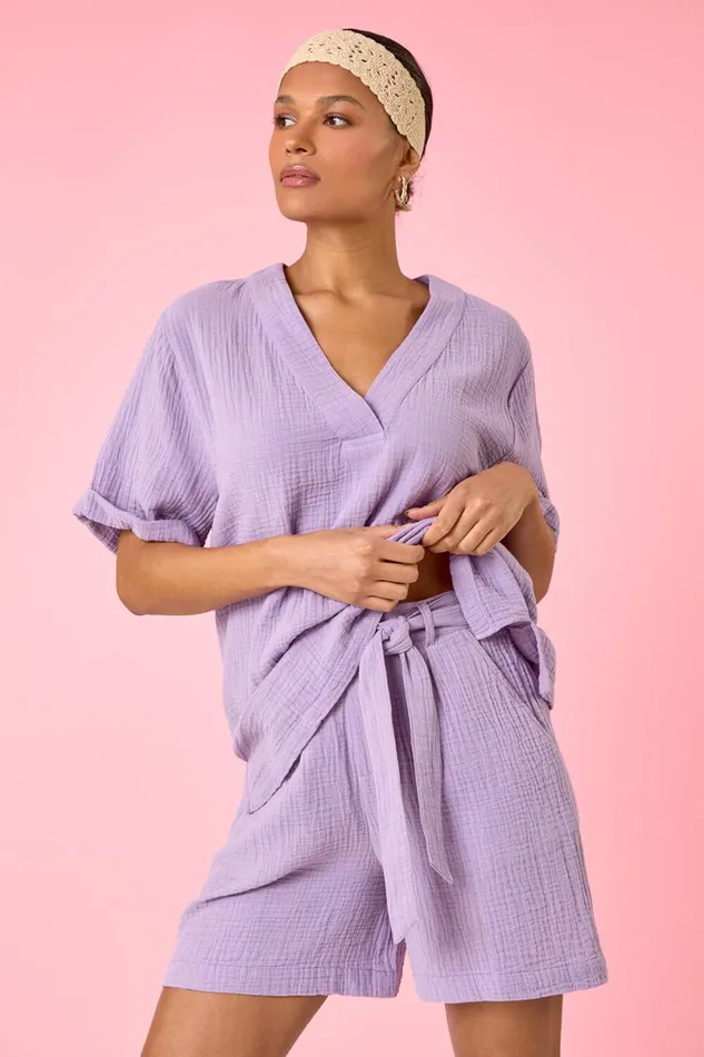 Lilac Textured Elastic Tie Waist Cotton Shorts Women Roman Trousers