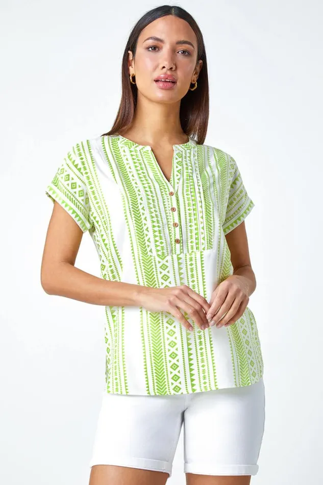 Lime Aztec Print Button VNeck Detail Top Women Roman Tops