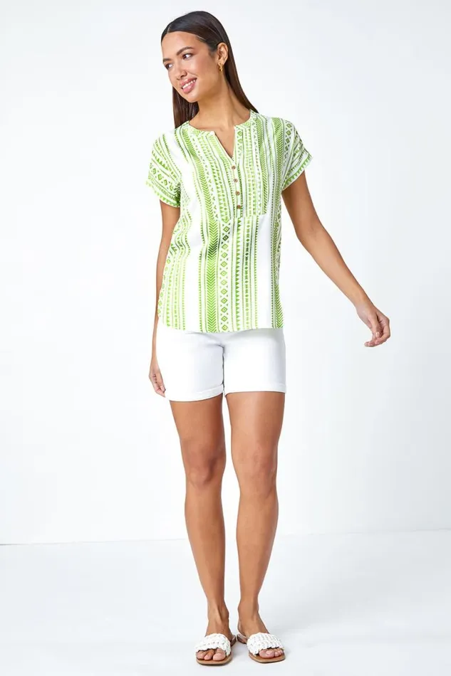 Lime Aztec Print Button VNeck Detail Top Women Roman Tops