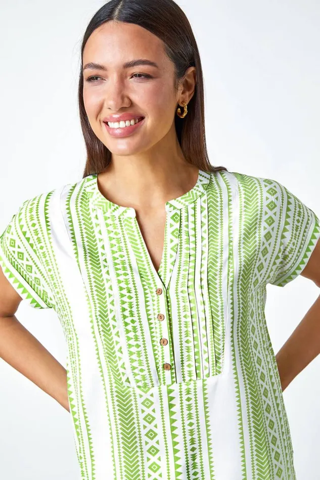 Lime Aztec Print Button VNeck Detail Top Women Roman Tops