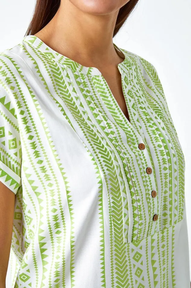 Lime Aztec Print Button VNeck Detail Top Women Roman Tops