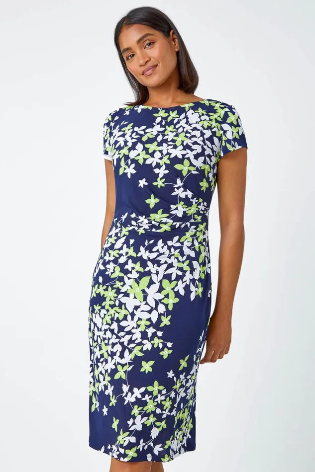 Lime Floral Print Shift Stretch Dress Women Roman Dresses
