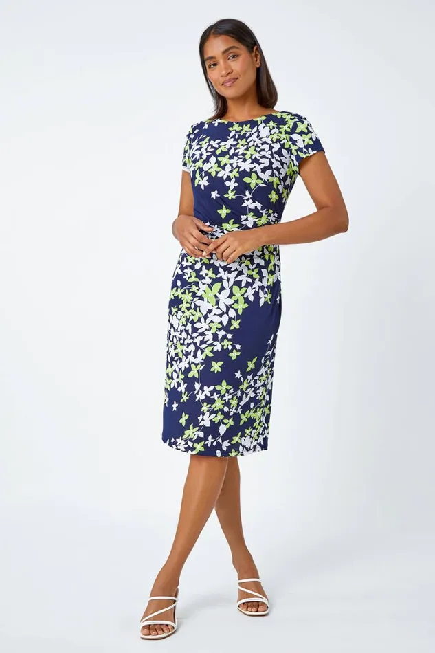 Lime Floral Print Shift Stretch Dress Women Roman Dresses