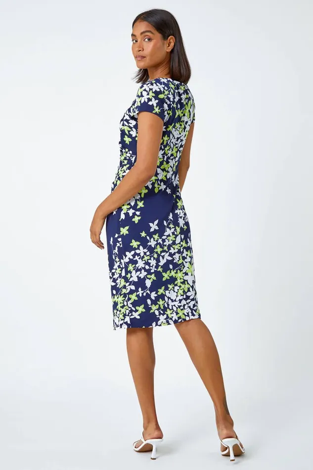 Lime Floral Print Shift Stretch Dress Women Roman Dresses