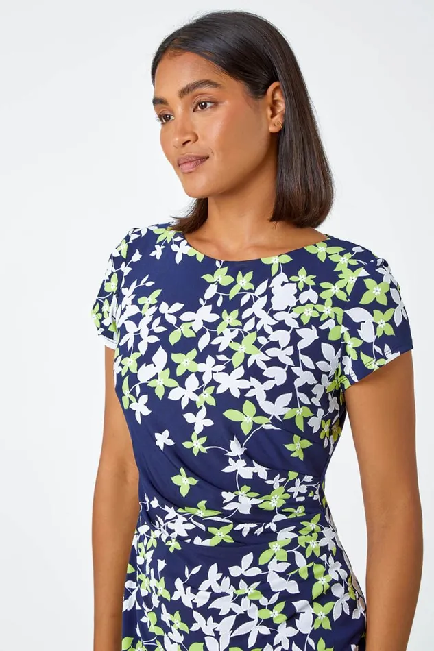 Lime Floral Print Shift Stretch Dress Women Roman Dresses