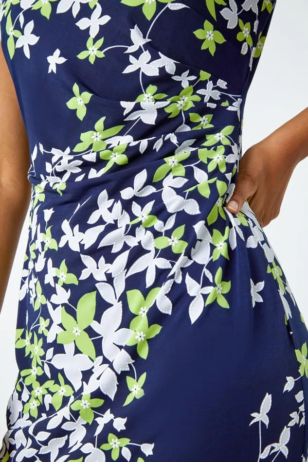 Lime Floral Print Shift Stretch Dress Women Roman Dresses