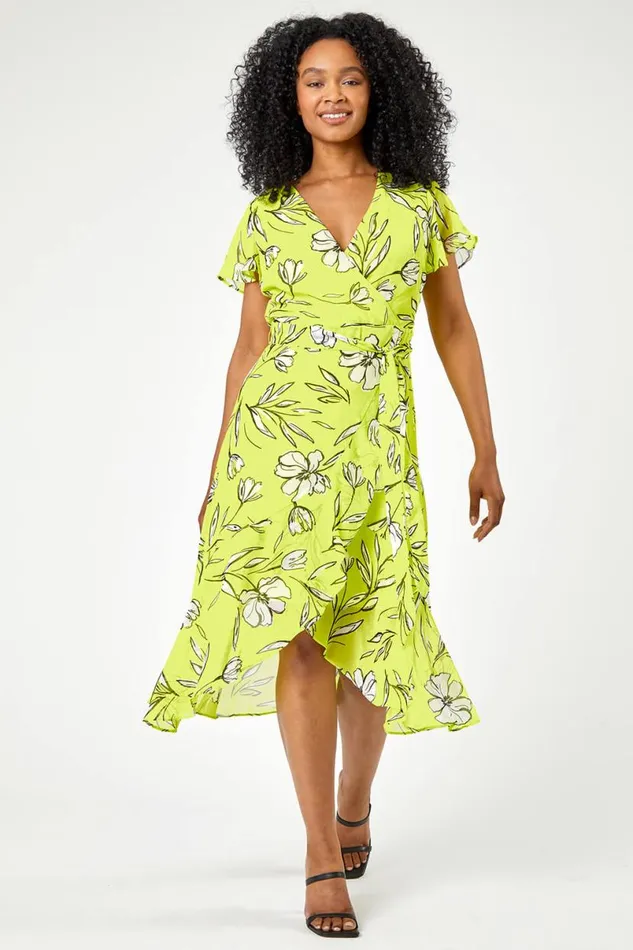 Lime Petite Floral Chiffon Frill Wrap Dress Women Roman Dresses