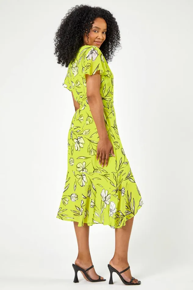 Lime Petite Floral Chiffon Frill Wrap Dress Women Roman Dresses