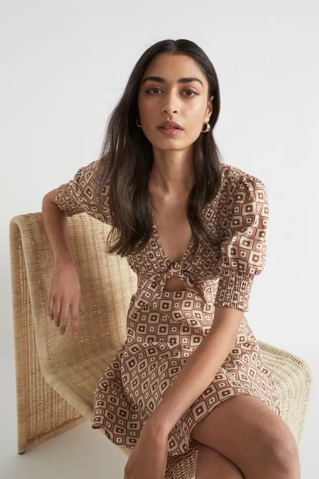 Linen Woman Seed Heritage Floral Geo Mini Dress Auburn Brown Retro