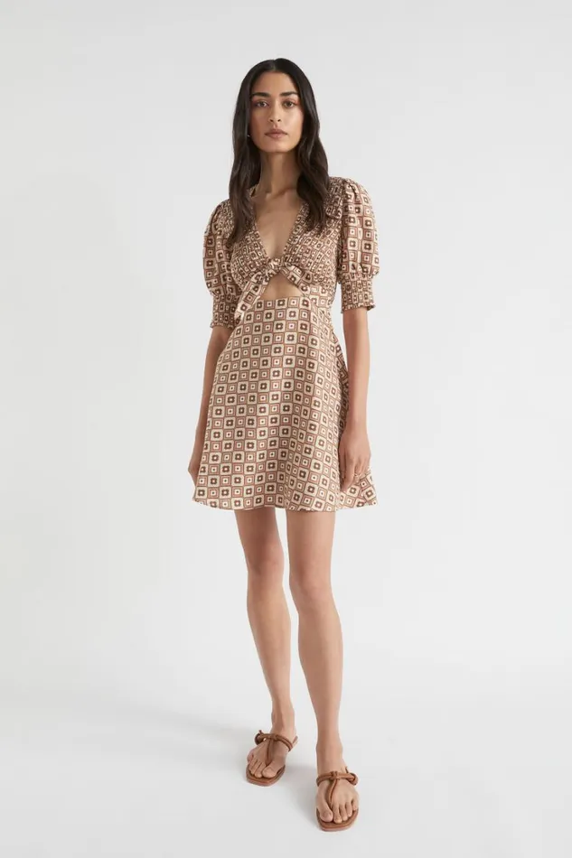 Linen Woman Seed Heritage Floral Geo Mini Dress Auburn Brown Retro