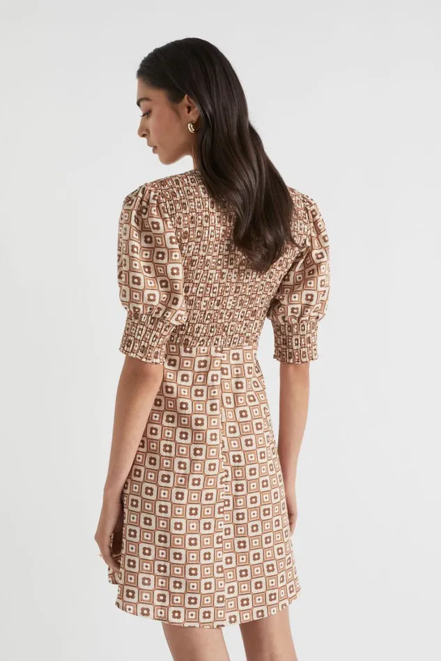 Linen Woman Seed Heritage Floral Geo Mini Dress Auburn Brown Retro